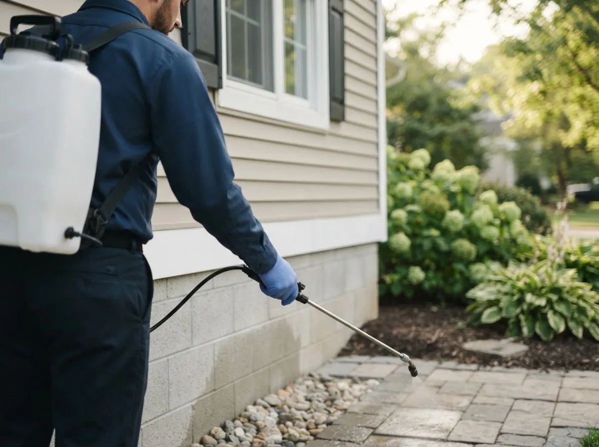 Pest control technician inspecting a home in Unity, WI